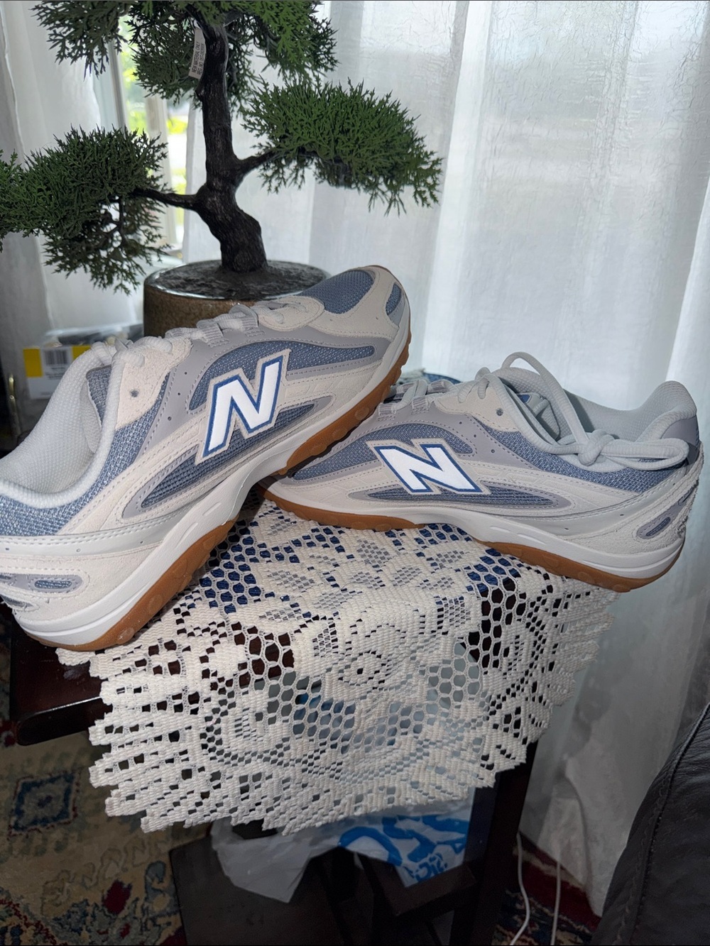 New Balance White & Blue Athletic Sneakers with Gum Sole— Unisex